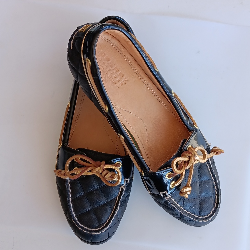 Sperry Top-Sider GoldCup Black Quilted Leather Ballet Loafer  Gold-Tone Bow 7.5M